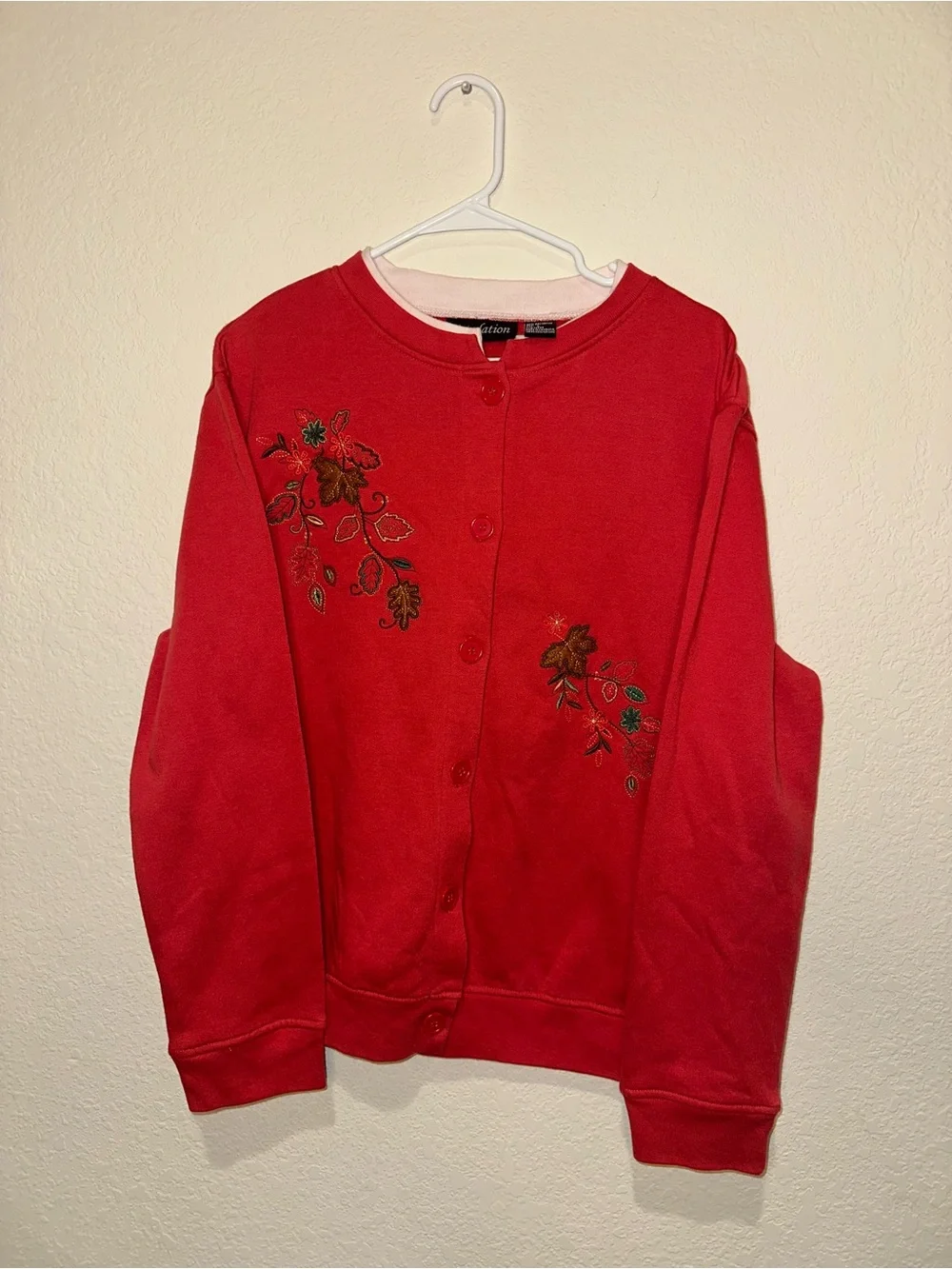 Speculation Grandma Fall Leaf Red Embroidered Button-Up Cardigan. Large